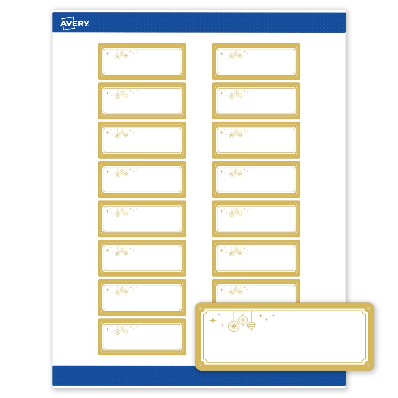 Avery Printable Rectangle Labels, 1" x 2-5/8", Matte White, Pre-printed Metallic Gold Hanging Ornaments Design, Sure Feed Technology, Laser & Inkjet Compatible, 320 Total